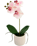 Artificiell orkidé Real Touch 30 cm rosa/vit har tre ljusrosa blommor och gröna blad i en enkel vit kruka, perfekt för att lysa upp alla rum.