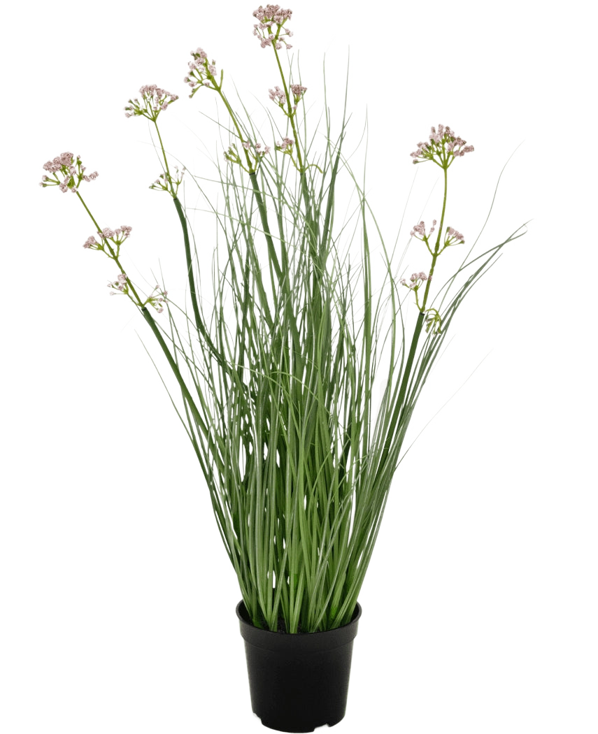 Konstgräs Purjolök Blomma Lök Gräs Bonsai 61 cm brandskyddsmedel har långa, smala gröna blad och långa stjälkar med små klasar av ljuslila blommor, presenterade i en kruka mot en vanlig vit bakgrund.