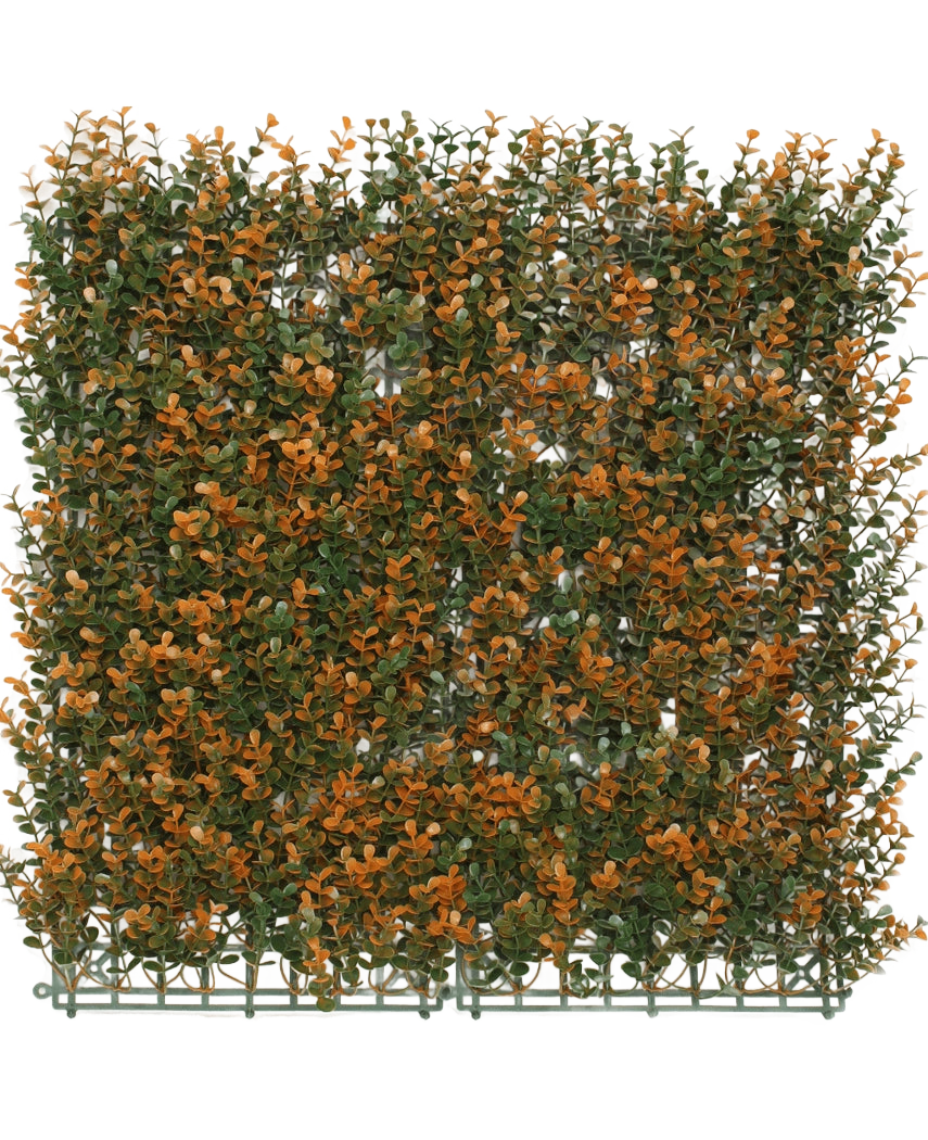 Artificiell häck Buxus orange 50x50 cm UV är en fyrkantig konstgjord panel med grönt och orange löv på ett plastgaller, idealisk som en dekorativ häck eller avskildhetsskärm, som visas här mot en vanlig vit bakgrund.