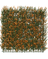 Artificiell häck Buxus orange 50x50 cm UV är en fyrkantig konstgjord panel med grönt och orange löv på ett plastgaller, idealisk som en dekorativ häck eller avskildhetsskärm, som visas här mot en vanlig vit bakgrund.