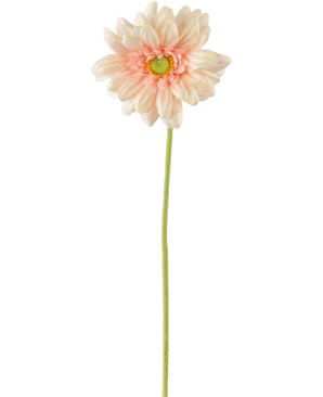 Artificiell blomma Gerbera mini 47 cm mjuk rosa är en konstgjord ljusrosa prästkrage med mjuka, skiktade kronblad och ett gult hjärta på en lång grön stjälk, mot en vanlig vit bakgrund.