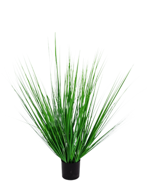 Konstgräsplantan Lök 90 cm brandskyddsmedel är en konstgräsplanta i kruka med långa, smala gröna blad i en kompakt svart behållare, mot en vanlig vit bakgrund.