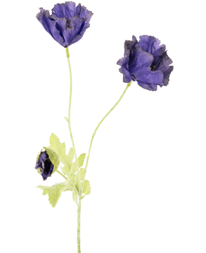 Artificiell blomvallmo 73 cm har tre fina lila blommor - två öppna, en delvis stängd - med ljusgröna stjälkar och blad, mot en vanlig vit bakgrund.