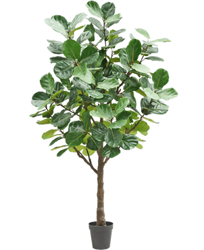 The Artificial Tree Tobacco Plant 270 cm är ett högt konstgjort träd med frodiga, stora gröna blad och en stadig brun stam, i en liten svart kruka mot en vanlig vit bakgrund.