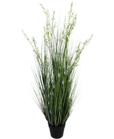 Konstgräs Millet-Onion Grass Bonsai 120cm brandskyddsmedel har höga, smala gröna blad och små vita blommor i en enkel svart kruka, mot en vanlig vit bakgrund.