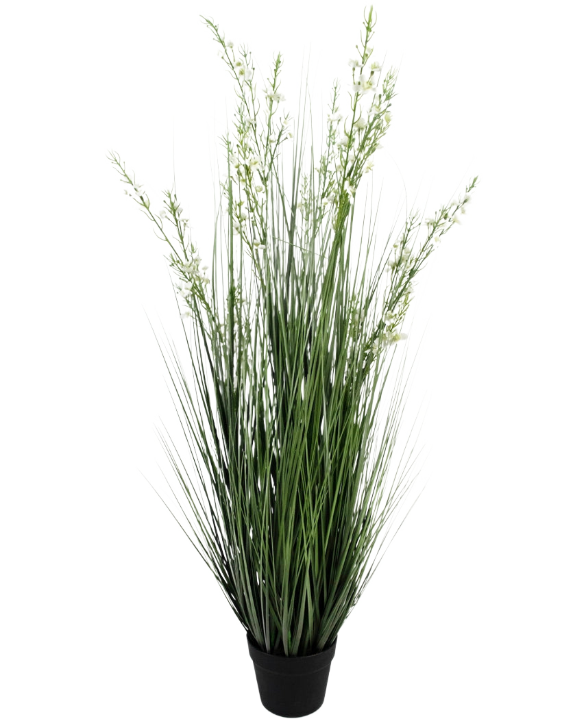 Konstgräs Millet-Onion Grass Bonsai 120cm brandskyddsmedel har höga, smala gröna blad och små vita blommor i en enkel svart kruka, mot en vanlig vit bakgrund.