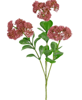En konstgjord gren Sedum 56 cm rosa med gröna blad och klasar av små, runda, rutiga rosa-röda blommor mot vit bakgrund.