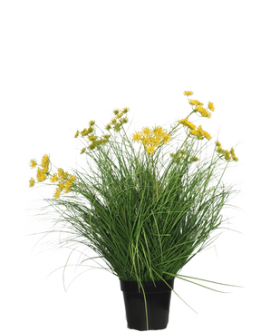 Konstgräsväxten Asteraceae 70 cm brandskyddsmedel har långa, tunna gröna blad och klasar av små gula blommor i en svart kruka, som är en konstgräsplanta med lågt underhåll mot en vanlig vit bakgrund.