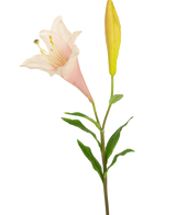 Artificiell blomma exotisk lilja 74 cm rosa har en enda stjälk med en blommande ljusrosa lilja och en sluten gul knopp, omgiven av smala gröna blad, mot en vit bakgrund.