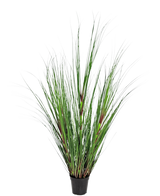 Konstgräsplantan Lök 120 cm brandskyddsmedel har långa, tunna gröna blad med rödbruna accenter, presenterade i en kruka mot en vanlig vit bakgrund.