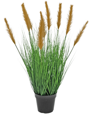 Konstgräsväxtstrutsen 80 cm brandskyddsmedel har långa, smala gröna blad och höga bruna plymer i en svart kruka, mot en vit bakgrund - perfekt för konstgjorda växtälskare.