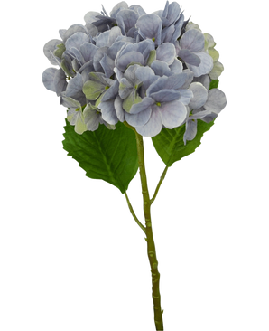 En enda artificiell hortensia Deluxe 57 cm lila stam med ljuslila kronblad och två stora gröna blad, isolerade på en vit bakgrund.