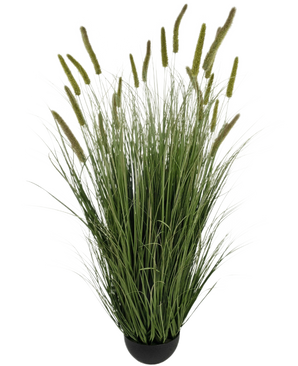 Artificiellt gräs Cattail Onion Grass Pot 150 cm Brandskyddsmedel har naturtrogna, långa gröna blad och höga fröhuvuden i en kompakt svart kruka, vilket gör den till en slående konstgräsplanta för alla utrymmen.