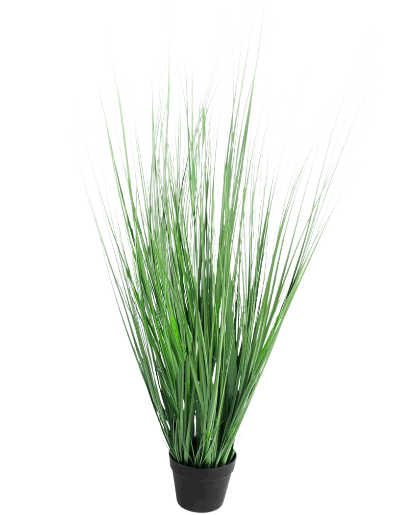 Konstgräsplantan Lök 130 cm brandskyddsmedel är en prydnadsgräsväxt i kruka med långa, smala gröna blad, mot en vanlig vit bakgrund.