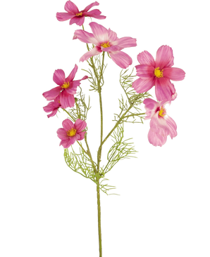En enda artificiell blomma Cosmos 74 cm fuchsia med känsliga, fjäderlika blad och flera fuchsiablommor med gula mittpunkter visas mot en vanlig vit bakgrund.