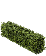 En konstgjord buxbomshäck UV 100x20x25 cm rektangulär häck har täta gröna konstgjorda buxbomsblad mot en vanlig vit bakgrund.