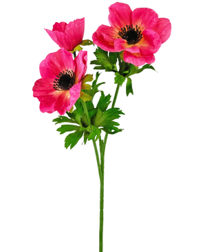 Den konstgjorda blomsteranemonen grenad 56 cm rosa har en enda grön stjälk med tre ljusrosa anemonblommor med ett mörkt hjärta och delikata, ruggade kronblad plus gröna blad, mot en vanlig vit bakgrund.