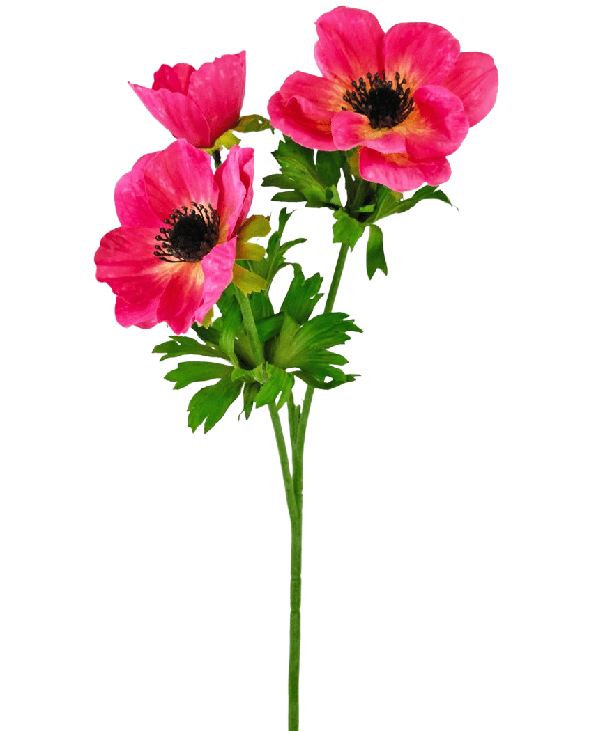 Den konstgjorda blomsteranemonen grenad 56 cm rosa har en enda grön stjälk med tre ljusrosa anemonblommor med ett mörkt hjärta och delikata, ruggade kronblad plus gröna blad, mot en vanlig vit bakgrund.