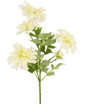 En konstgjord blomma Dahlia 60 cm hög med flera ljusgula dahliablommor och gröna blad mot en vanlig vit bakgrund.