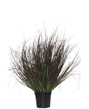 Konstgräsväxtgräsmatta 50 cm brandskyddsmedel kommer i en svart plastkruka, med taggigt prydnadsgräs med långa, tunna, mörklila och gröna blad - perfekt för inredning - på vit bakgrund.