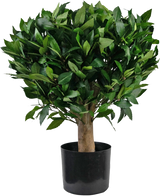 Plantan Artificiell lager UV d65 cm är ett litet konstgjort träd med en tjock stam och täta, glänsande gröna blad i en svart plastkruka mot en vanlig vit bakgrund.