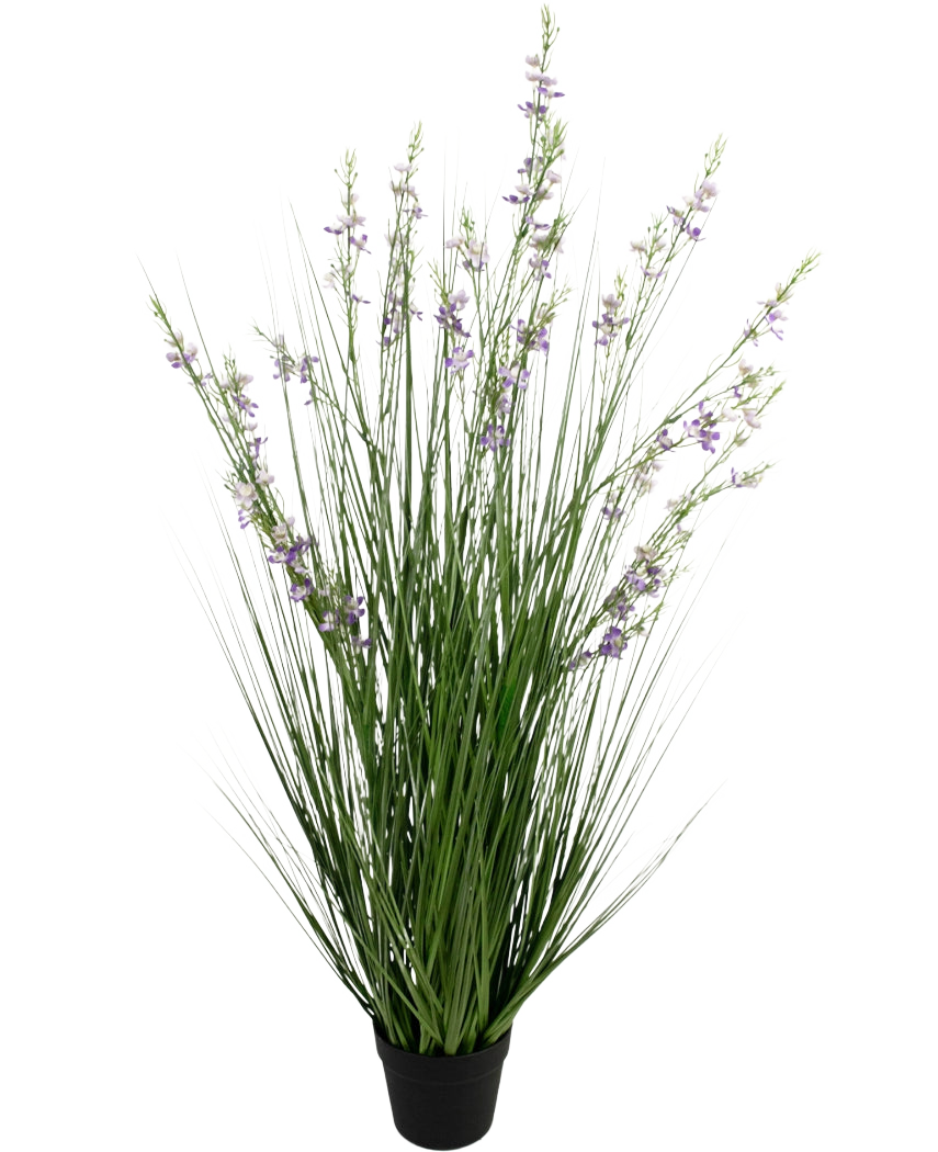 Konstgräs Millet-Onion Grass Bonsai 120cm brandskyddsmedel har höga, tunna gröna gräsliknande löv och långa stjälkar med fina lila blommor i en svart kruka, mot en vit bakgrund.