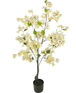 Konstgjord bougainvillea 120 cm vit är ett konstgjort träd i kruka med smala grenar, gröna blad och rikligt med ljusgula och vita blommor mot en vanlig vit bakgrund.