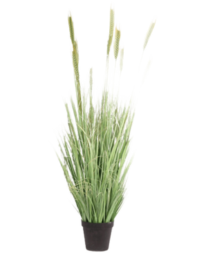 Konstgräsväxt Grön 160 cm brandskyddsmedel har långa, smala blad och fröhuvuden i en liten svart kruka. Idealisk som en snygg, brandskyddande falsk växt för alla rum.