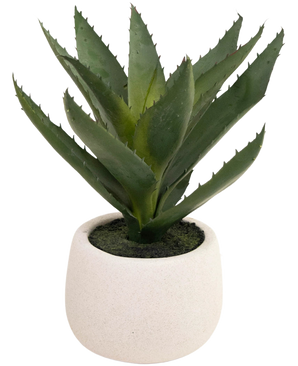 Den konstgjorda växten Aloe Vera 28 cm kommer i en enkel, rund kruka av vit keramik, med naturtrogna gröna, taggiga blad mot en vanlig vit bakgrund.