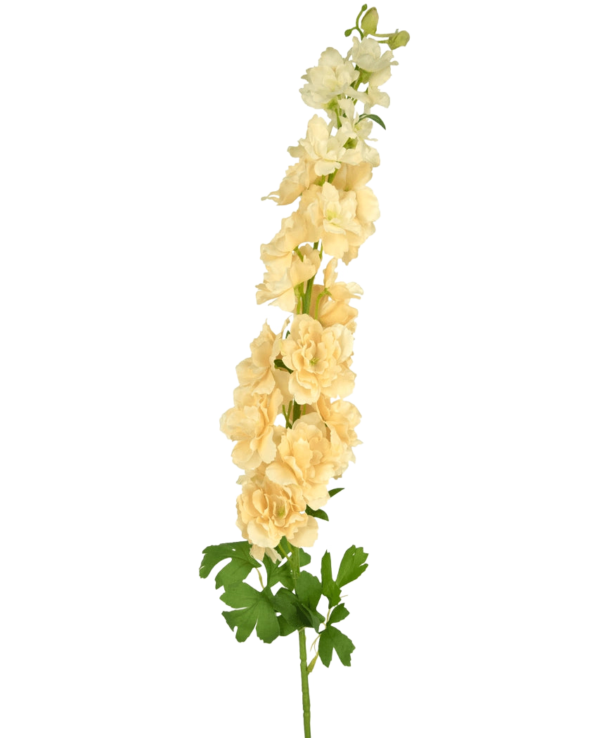 En enda Artificiell Blomma Delphinium 105 cm kräm med flera ljusgula blommor och gröna blad, mot en vanlig vit bakgrund.