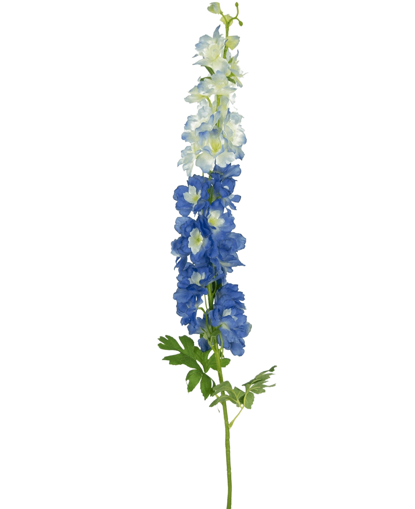 Den konstgjorda blomman Delphinium 105 cm blå har en enda lång stjälk med blåvita blommor och gröna blad, mot en vanlig vit bakgrund.