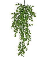 Den konstgjorda hängande växten Jasmin 70 cm har täta klasar av små gröna blad som faller ner naturligt och skapar en frodig, draperande effekt mot en vit bakgrund.