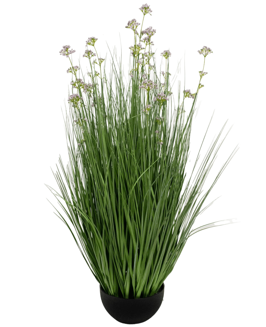 Konstgräs Purjolök Blomma Lök Gräskruka 100cm brandskyddsmedel har en svart kruka med höga, tunna gröna konstgjorda blad och små lila blommor på långa stjälkar, mot en vit bakgrund.