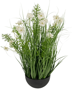 Artificiellt gräs vit Gesang Flower lök gräskruka (56 cm, brandskyddande) har höga, gräsliknande gröna blad och fina vita blommor i en svart kruka för en frodig, naturlig look.