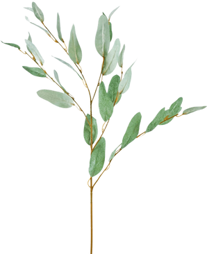 Den konstgjorda grenen Eucalyptus 86 cm grön har en enda dekorativ eukalyptusgren med smala gröna sidenblad och tunna bruna stjälkar, isolerade på en vit bakgrund.