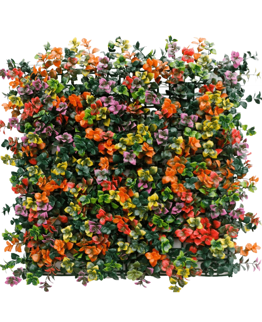 Artificiell Hedge Pachysandra multi-color 50x50 cm UV är en fyrkantig panel med täta konstgjorda gröna blad och små orange, rosa, gula och lila blommor för en färgstark, livlig vertikal trädgårdseffekt.