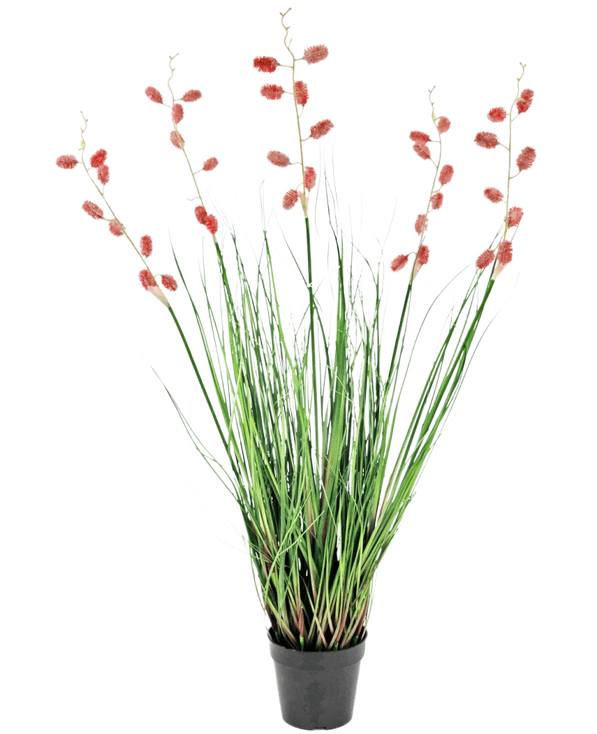 En brandhämmande konstgräsplanta tusenfotingsgräs på 100 cm med långa, tunna gröna blad och höga stjälkar med rosa-röda plymer, presenterad mot en vit bakgrund.