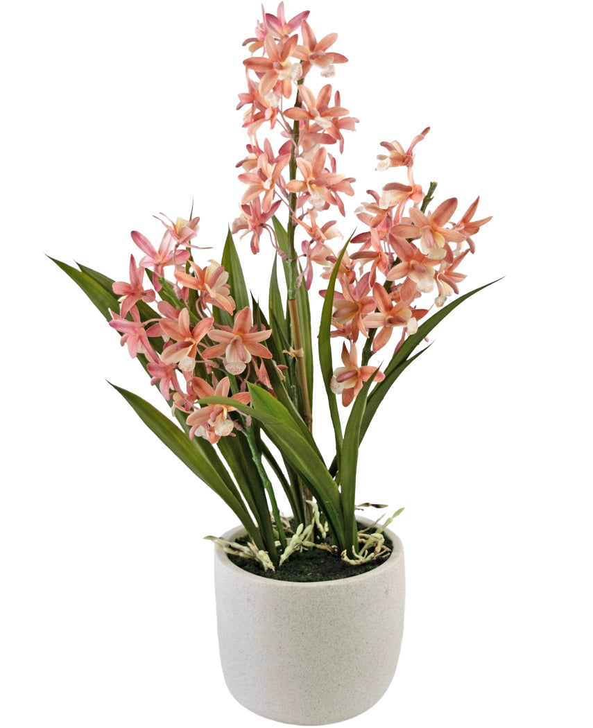 Den Artificiella Cymbidium 58 cm rosa växten har höga gröna blad och klasar av rosa och vita orkidéblommor, arrangerade i en enkel vit keramikkruka, perfekt för att lysa upp alla utrymmen.