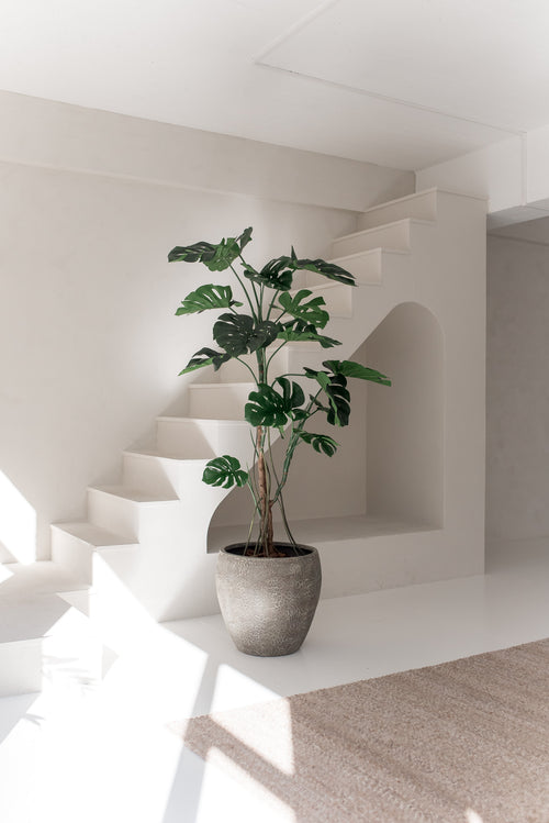 Den konstgjorda växten Monstera 210 cm står i en minimal, soldränkt inredning med vita väggar, moderna linjer, en trappa och en beige matta. Mjukt naturligt ljus framhäver rummets eleganta design.