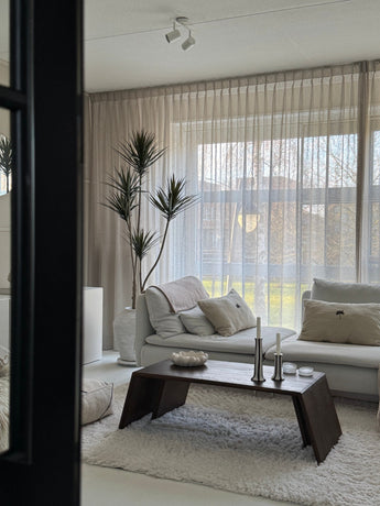 Een moderne woonkamer met grote ramen, transparante gordijnen, een witte bank met kussens, een donkerhouten salontafel met kaarsen en decor, de Kunstplant Dracaena Fragnans 180 cm potplant en een pluizig wit vloerkleed. Zacht natuurlijk licht vult de ruimte.