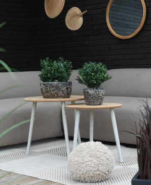 Twee kleine ronde houten tafels met Kunstplant Buxus Romeinse stijl UV 36cm staan op een gedessineerd vloerkleed voor een beige sofa. Een ronde spiegel en decoratieve waaiers hangen aan een donkerhouten muur erachter, met een pluizige beige poef op het vloerkleed.