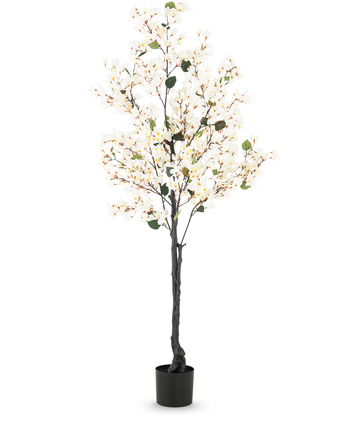 Artificiell Bougainvillea 180 cm vit är ett högt konstgjort träd med mörka grenar, små gröna löv och vita LED-lampor i en enkel svart kruka, mot en vanlig vit bakgrund.