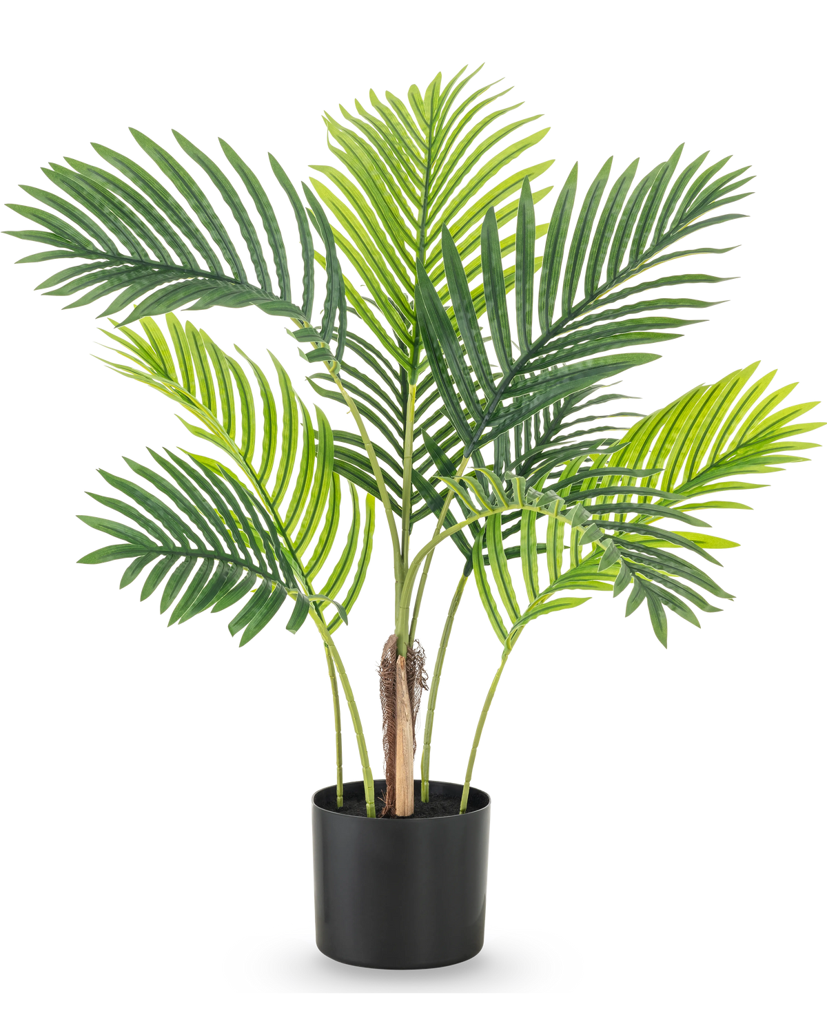 Artificiell växt Phoenix 85 cm har flera höga gröna palmblad och kommer i en enkel svart kruka, perfekt mot en vit bakgrund.