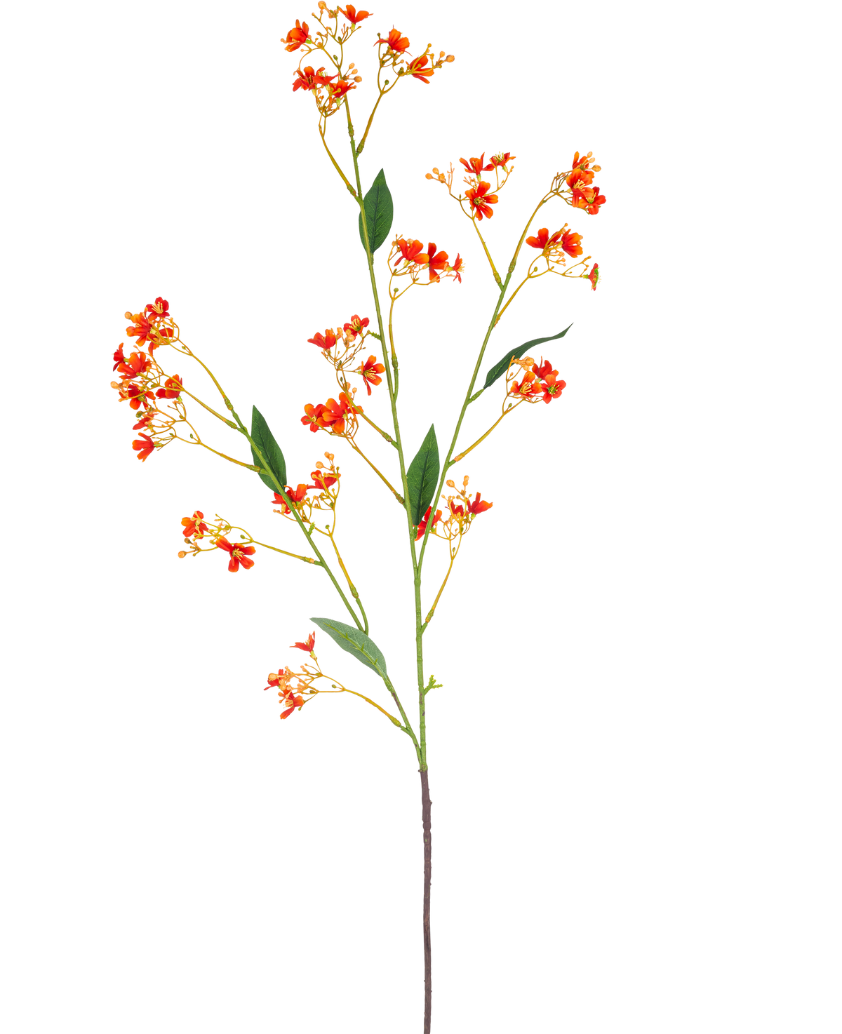 Artificiell gren Daphne Spray 108 cm orange har en enda, lång konstgjord gren med små ljusorange blommor och gröna blad, mot en vanlig vit bakgrund.
