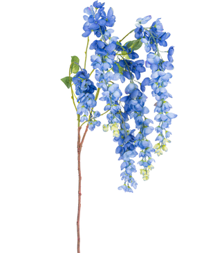 Een enkele Kunst Blauweregen steel van 115 cm met levendige blauwe blauweregen bloemen en groene bladeren op een lange, slanke bruine steel, geïsoleerd op een witte achtergrond.