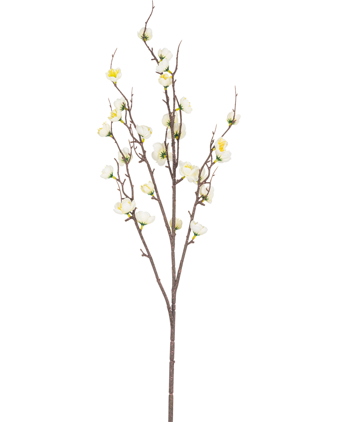 Den konstgjorda japanska körsbärsblomman 94 cm vit har en enda brun gren med flera tunna skott och små vita konstgjorda körsbärsblommor, mot en vanlig vit bakgrund.