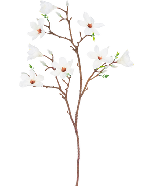 De Kunsttak Magnolia kleinbloemig 89 cm wit heeft een enkele bruine tak met verschillende uitlopers, met meerdere open witte bloemen met een lichtroze hart en kleine groene bladeren, tegen een effen witte achtergrond.