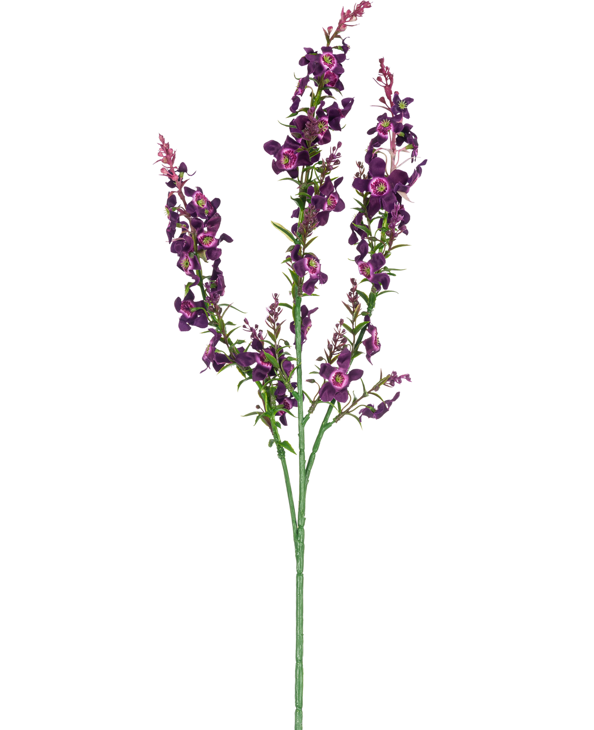 Artificiell blomma kattmynta 75 cm rosa är en enda konstgjord stjälk med tre grenar av rosa och lila blommor och gröna blad, isolerade på en vit bakgrund.