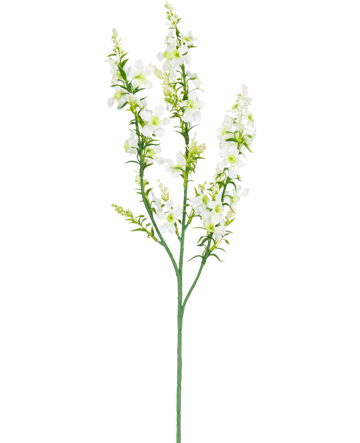 Artificiell blomma kattmynta 75 cm vit har en enda grön stjälk med flera grenar av små vita blommor och gulgröna knoppar, isolerade på en vit bakgrund.