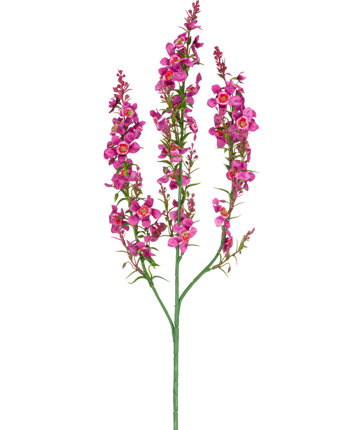 En Artificiell Blomma Kattmynta 75 cm ljusrosa har en enda grön stjälk med tre grenar, var och en med klasar av små, ljusrosa blommor och gröna blad, mot en vanlig vit bakgrund.